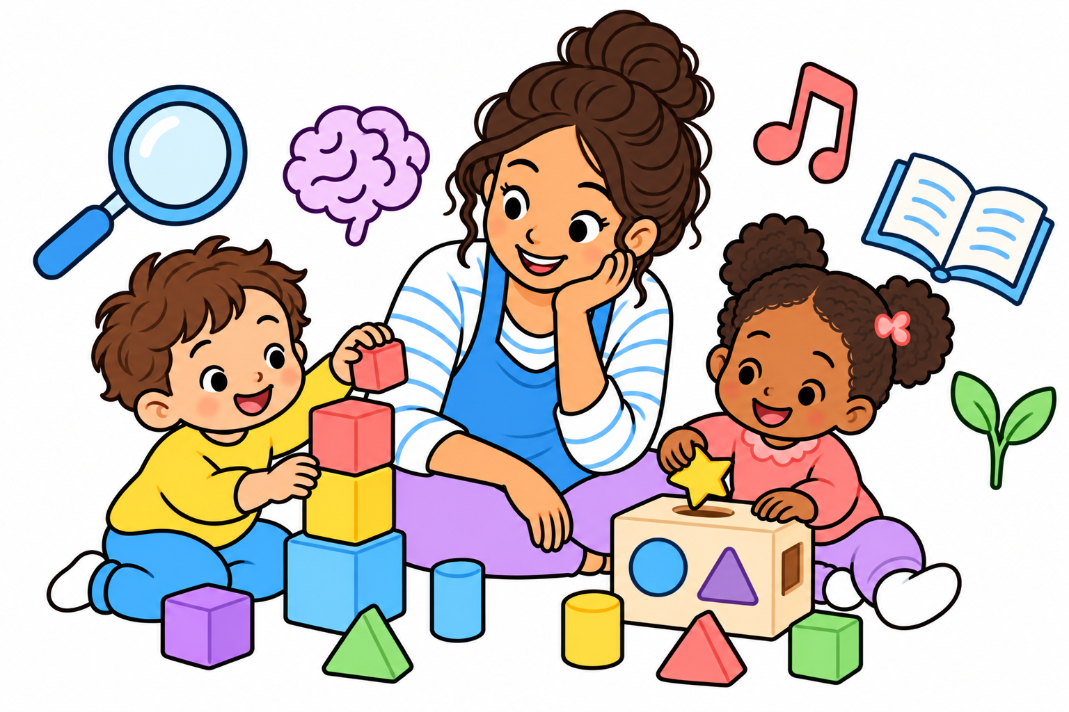 An educator observes two children learning through blocks, shapes, books, music, and nature.